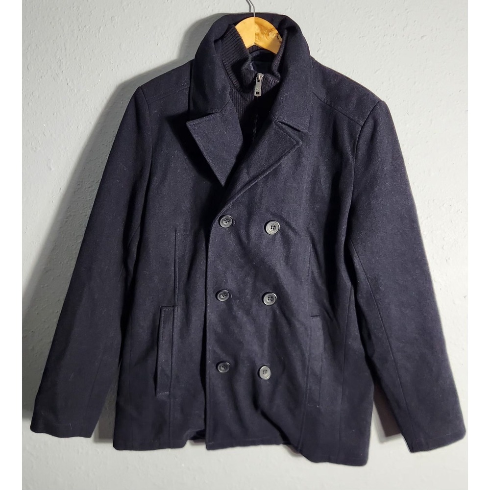 Kenneth Cole Men's Black Wool Blend Double Breasted Classic Peacoat Men Size Med